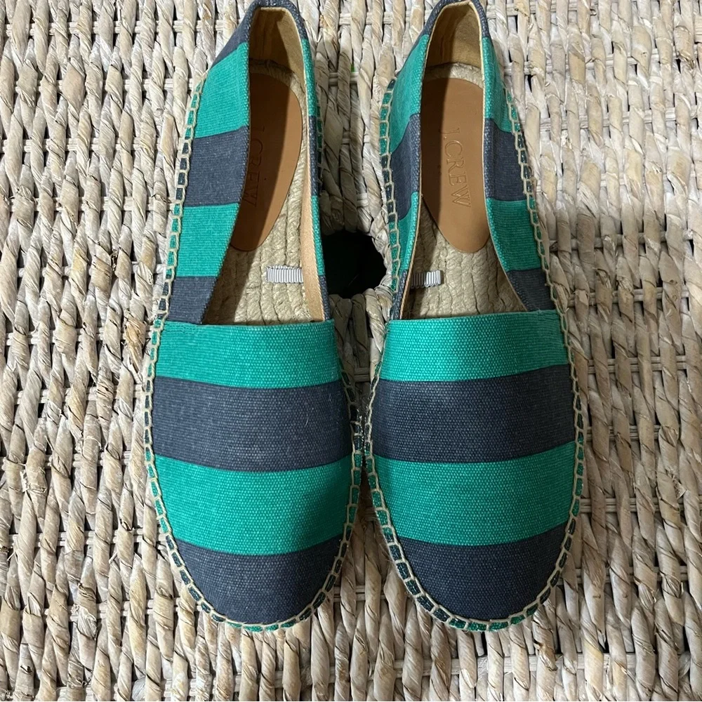 J. Crew Striped Canvas Slip-On Flat Espadrilles‎ Navy Kelly Green AW595 7 NIB